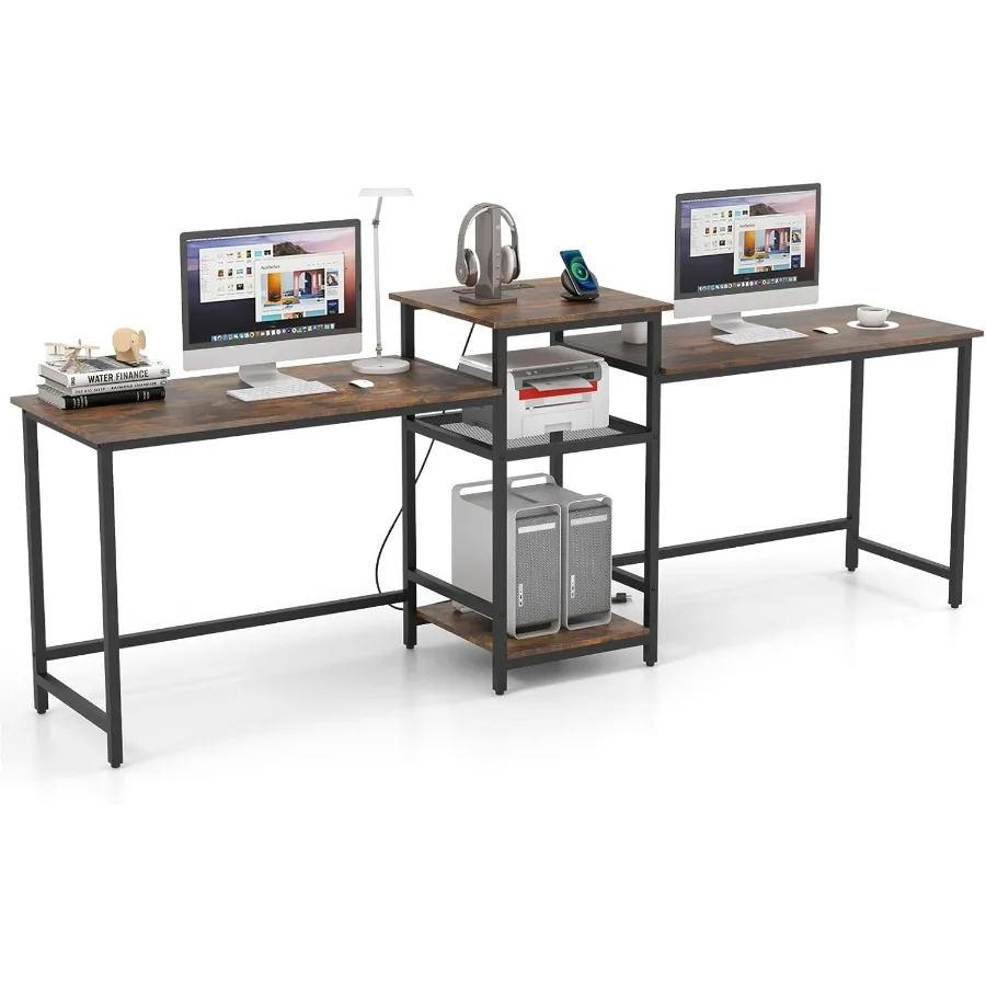 97 Extra Long 2-Person Computer Desk with Power Outlet Home Office Workstation for Gaming and Printing Rustic Brown Metal Mesh