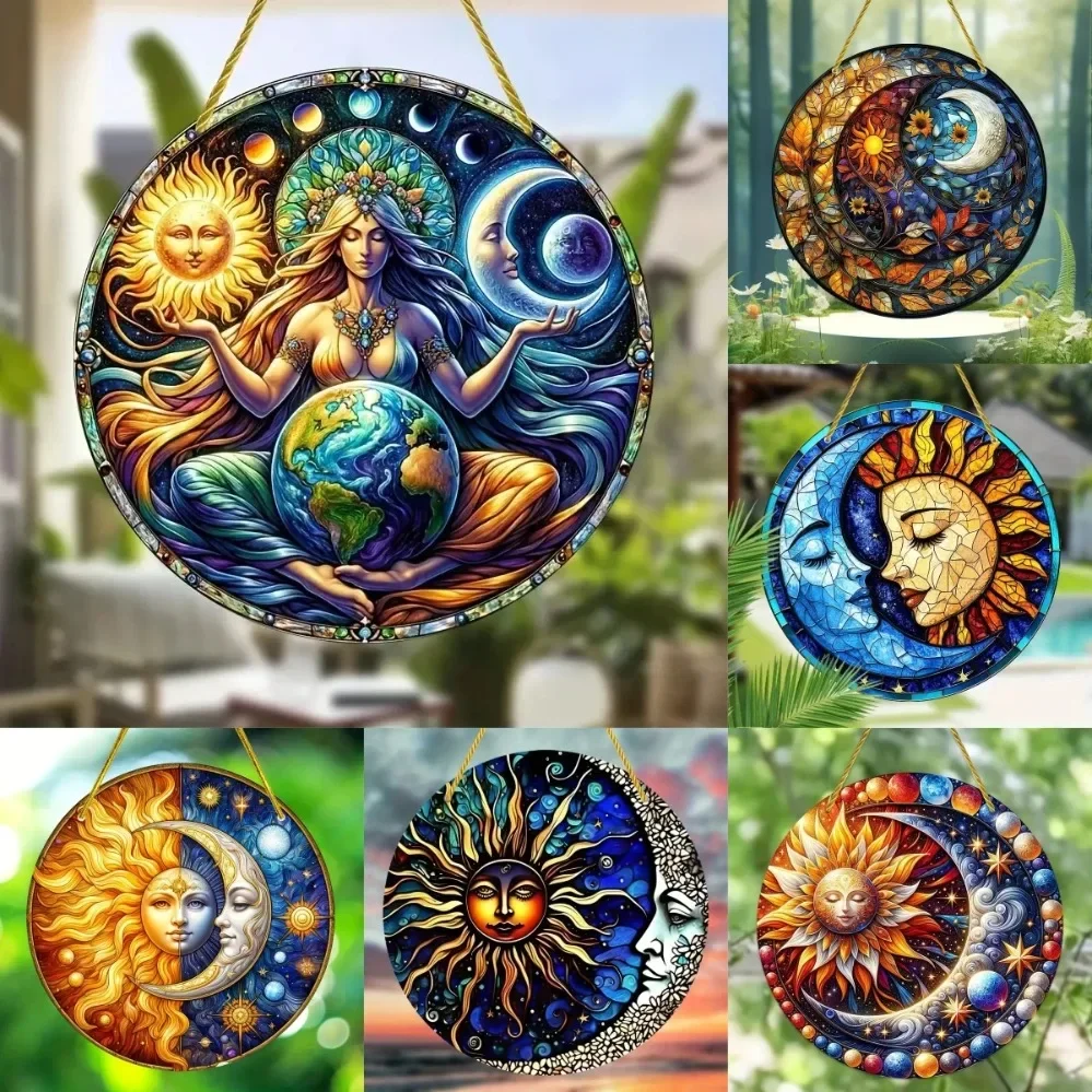 Sun Moon & Earth Round Stained Sun Catcher – Translucent Window Hanging Sign, Stylish Decor for Home, Porch, Room & Farmhouse