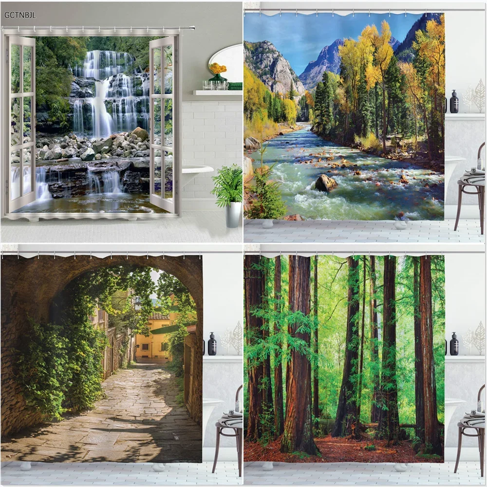 Wide Waterfall Deep Down in The Forest Seen from A City Window Epic Surreal Decor Shower Curtains Landscape Bathroom Curtain Set