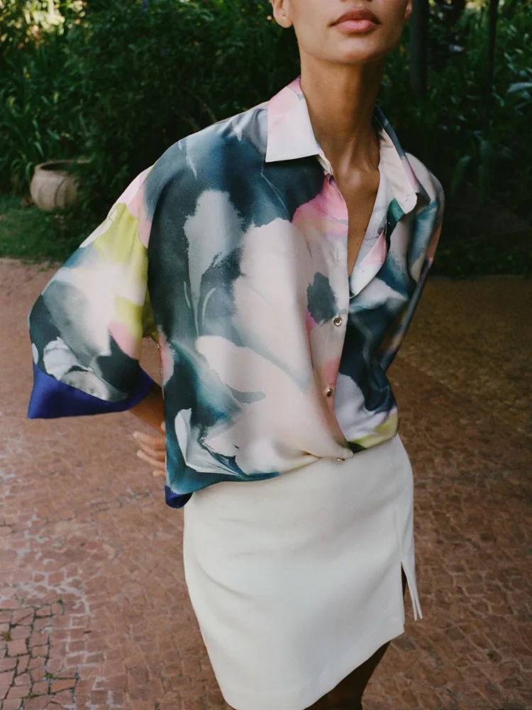 

Новое весеннее поступление, женские удобные шелковые атласные длинные све илт с принтом, модный откидной воротник для поездок на работу Sle ort Sve