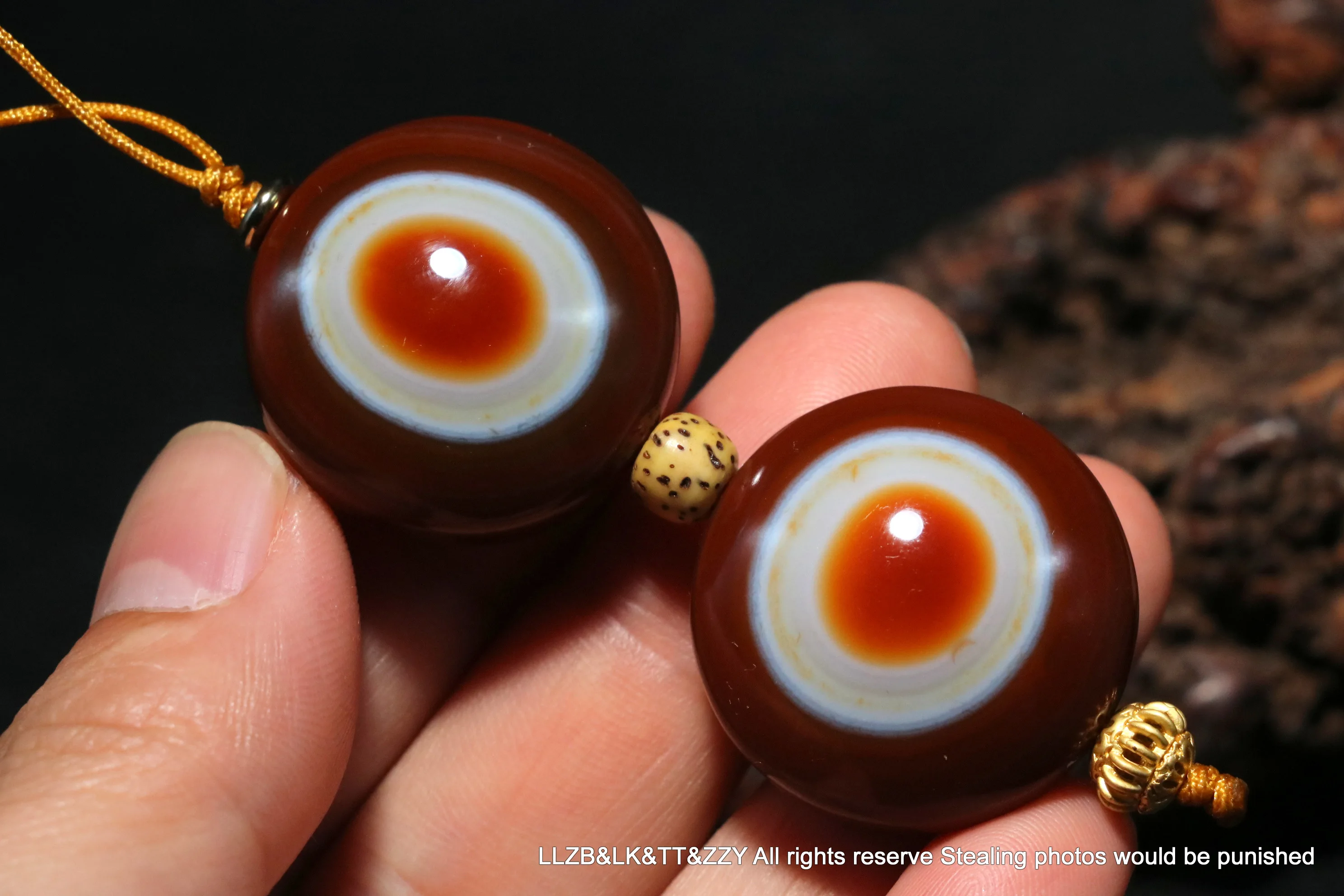 A Pair of Magic Tibetan Agate Colorful Goat Eye Heaven Eye dZi Bead Pendant $$$ FR LLZB LKbrother Talisman UPD0621A19