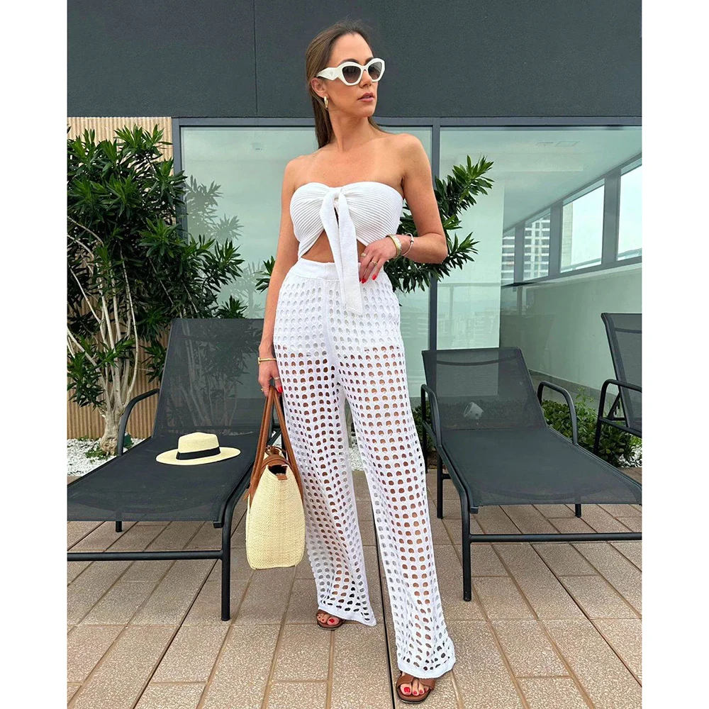 New Suimsuit Cover up Beach 2024 Knitted Hollow Out Bandeau Top Straight Pants Sets Mesh High-Waist Bottoms Suit Sexy Streetwear