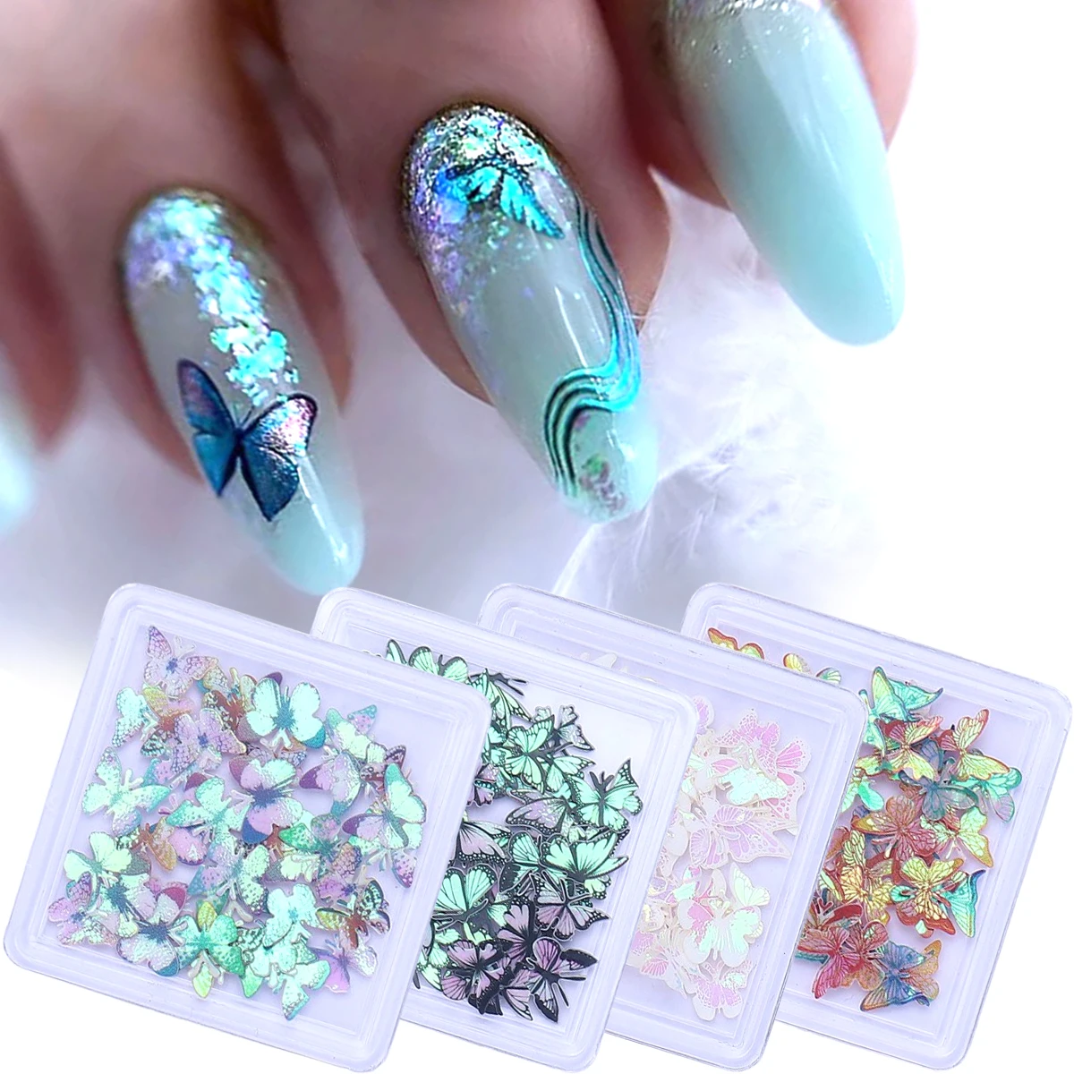 4pcs Laser Butterfly Wood Pulp Nail Decoration Holographic Wings Design Summer Jewelry Japanese Style Flake DIY Manicure Slices