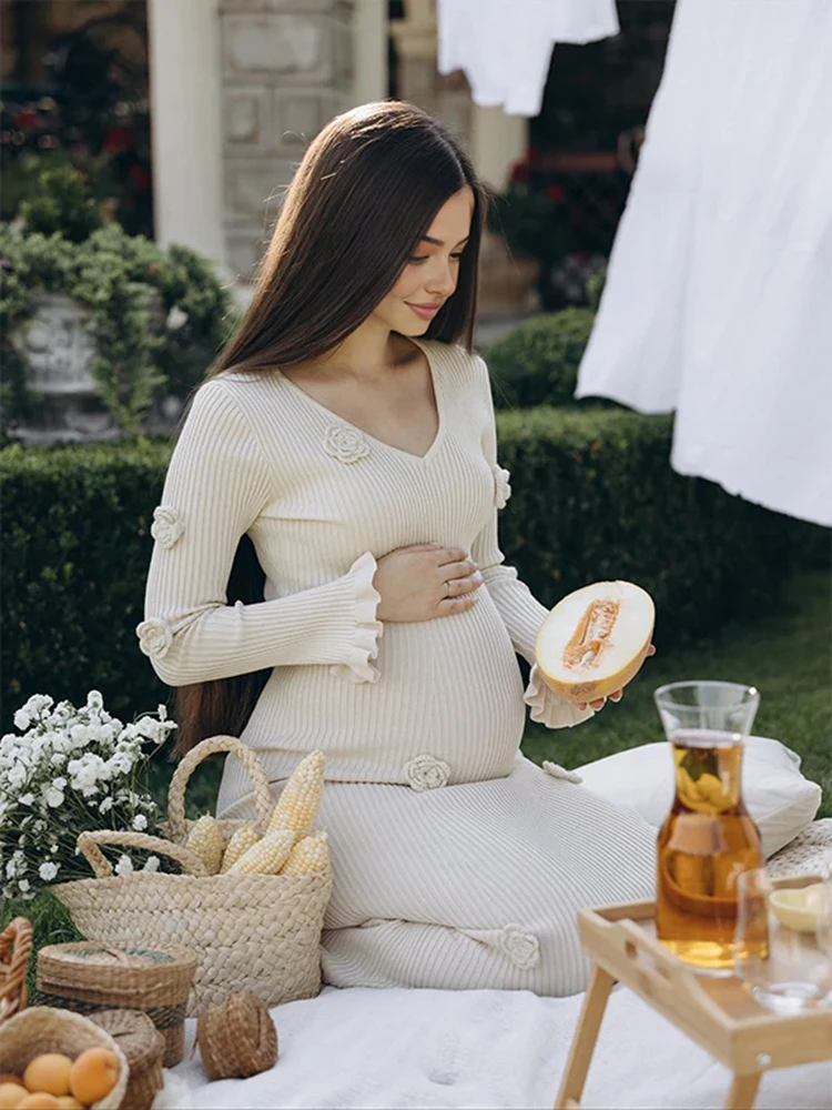 فستان حمل التقطت الصور العاج متماسكة الرجعية الخامس الرقبة جرس كم ثلاثية الأبعاد الأزهار الحمل ثوب طويل الأكمام فستان الحمل التصوير #2