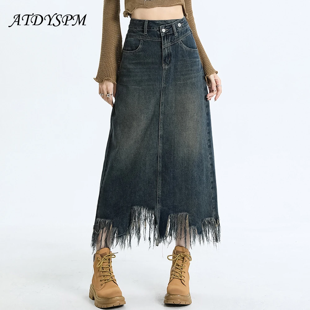 

Women Fashion Tassel Denim Midi Skirt Vintage Back Slit High Waist A-Line Skirt Mujer Ladies Streetwear Casual Loose Skirts