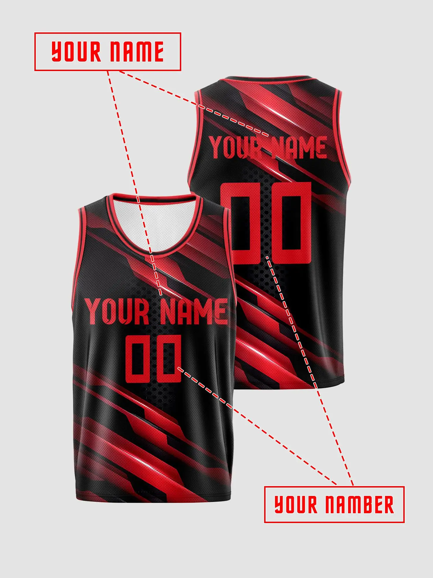 Black‑Red Dynamic Stripe Custom Basketball Jersey, DIY Name & Number, Breathable Quick‑Dry Set For Adults & Kids