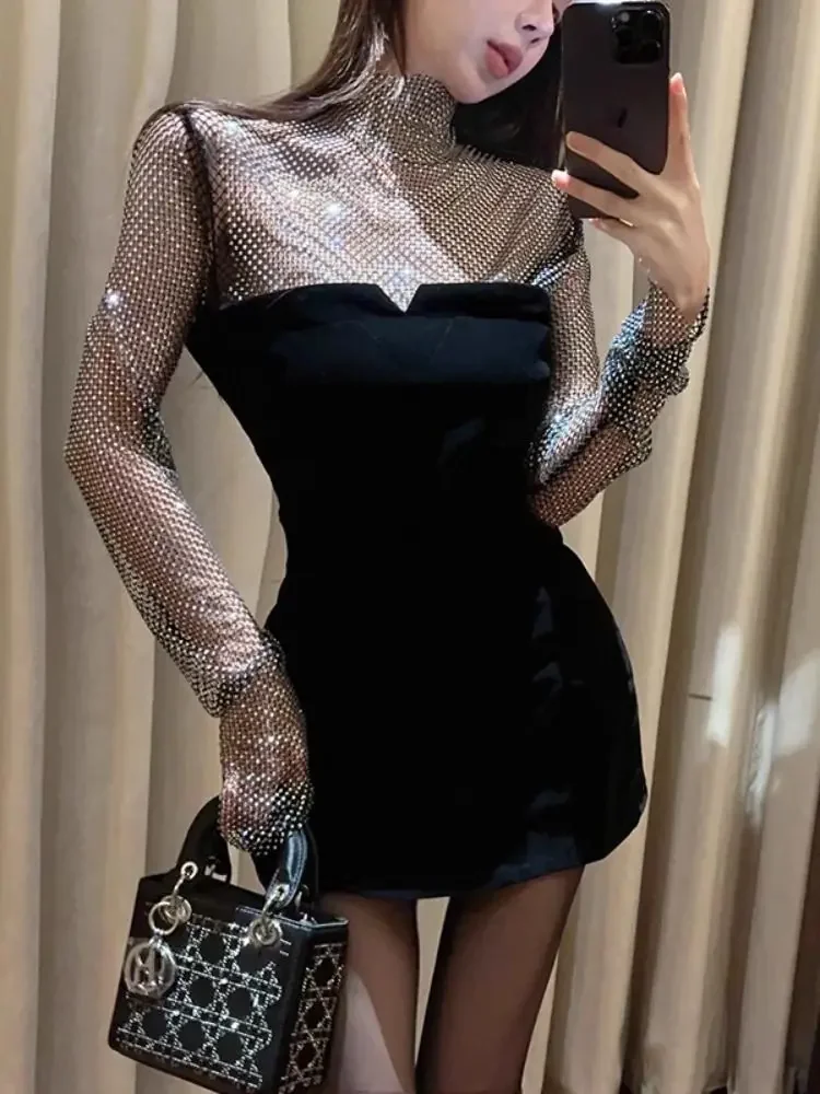 Woman Long Sleeve Mesh Dress Corset Bodycon Black Sequin Dresses for Women Night Club Tight Short Mini Rhinestone Cotton New In