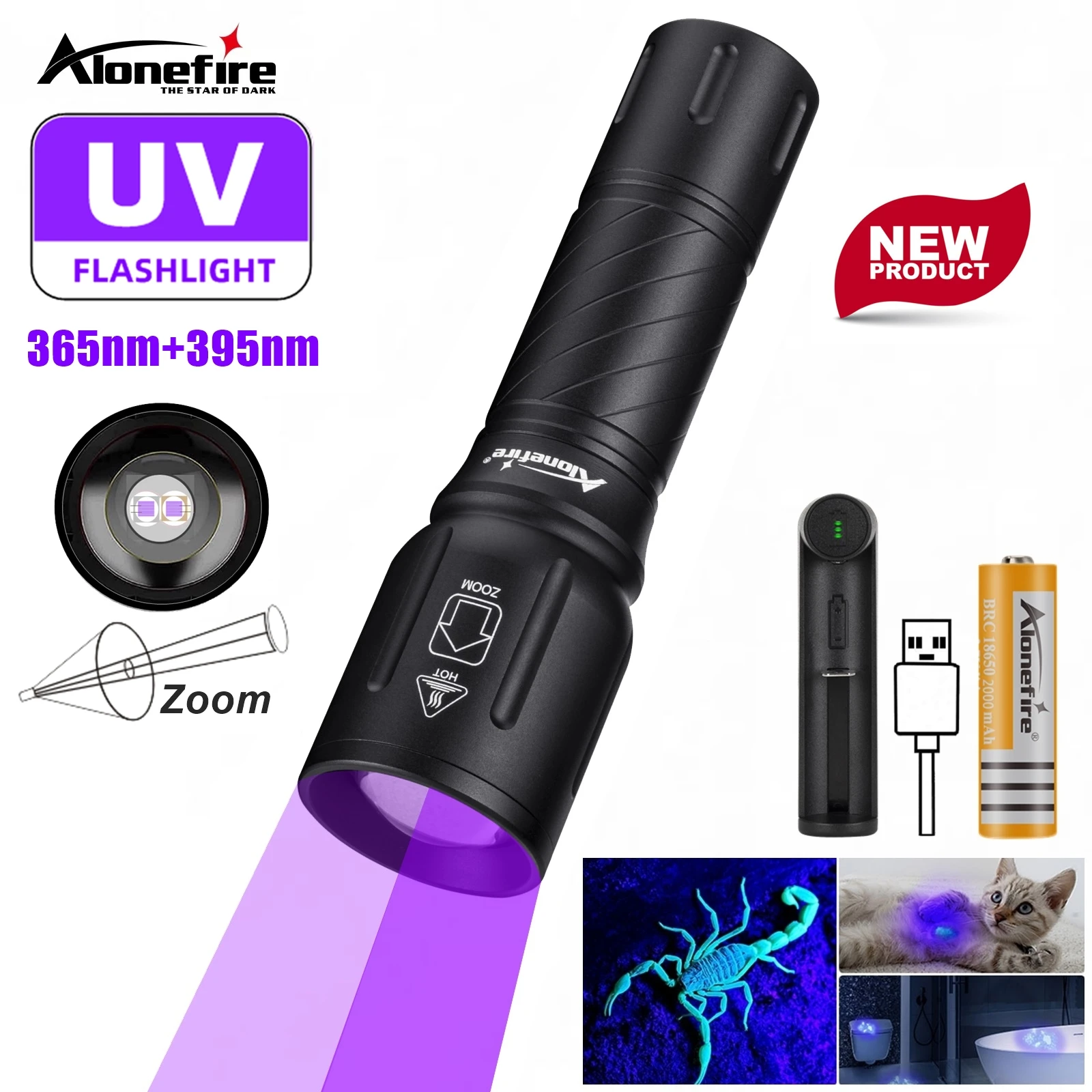 365nm+395nm Zoom 2-in-1 LED High Power UV Light Flashlight Curing Ore Scorpion Money Cat Dog Pet Urine Hotel Detection Torch