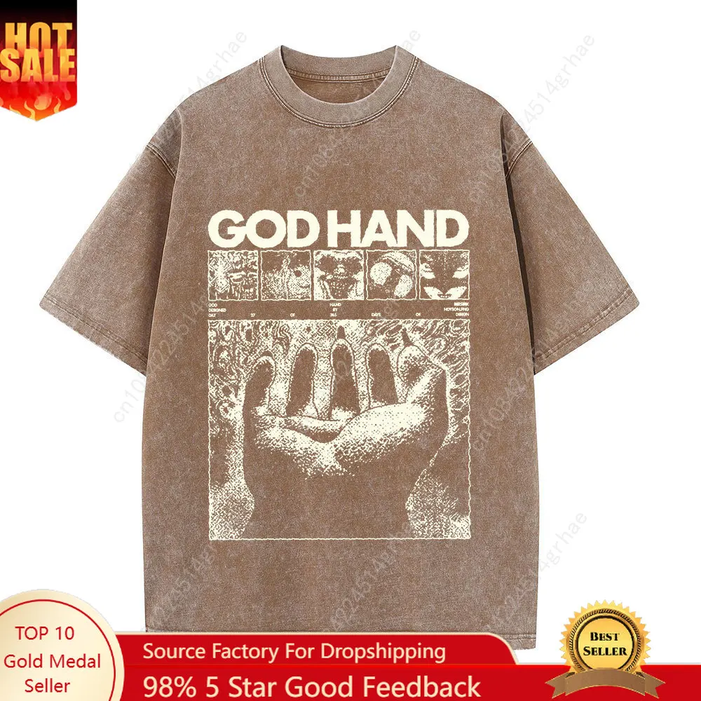 

Men's Anime Washed Vintage Tshirts Hip Hop Retro Punk Gothic God Hand Print T-Shirts Harajuku Cotton Women Short Sleeve Top Tee