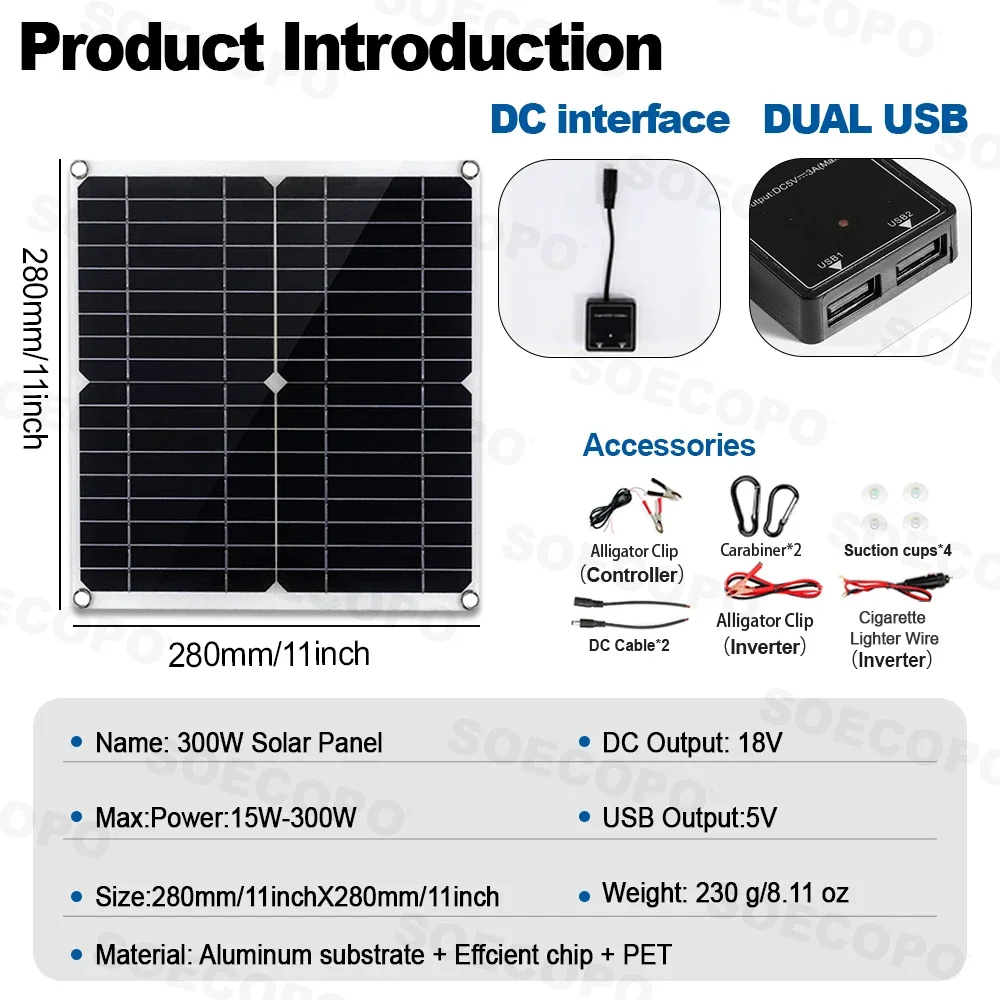 SOECOPO 6000W Solar System Kit 2*300W Solar Panels 100A Controller Camping USB 5V/1.5A DC 12V - AC 110V/220V Inverter Panel Home