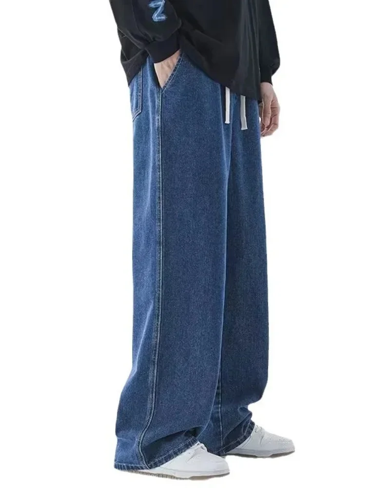 Outono e inverno novos jeans americanos de rua alta para homens, design solto e reto com cordão, calças juvenis