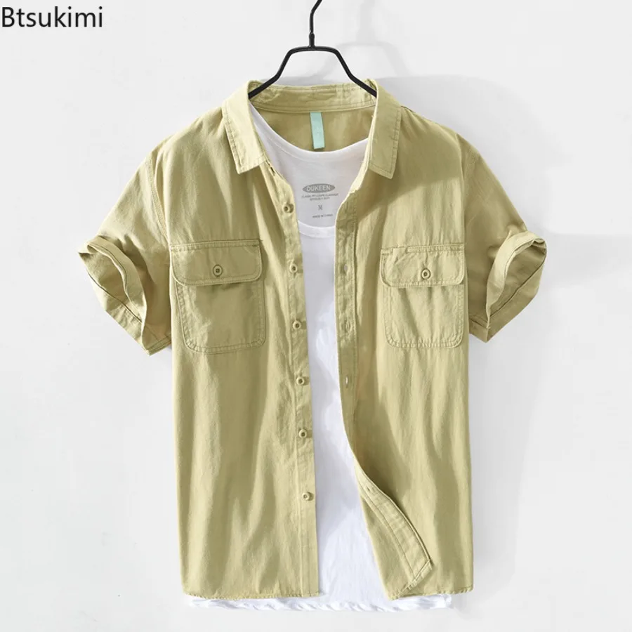 Summer Casual Short Sleeve Shirts for Men 2025 Fashion Simple Lapel Cardigan Double Pocket Design Men Cotton Vintage Shirt Coats