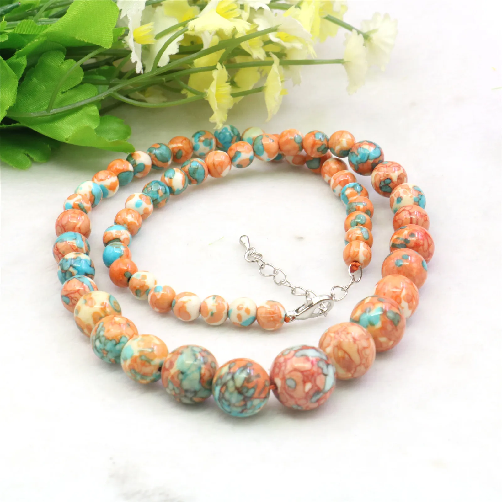 6-14mm Round Orange Blue Multicolor Rainbow Necklace Natural Stone Hand Made Women Neckwear DIY Fashion Jewelry Making Design