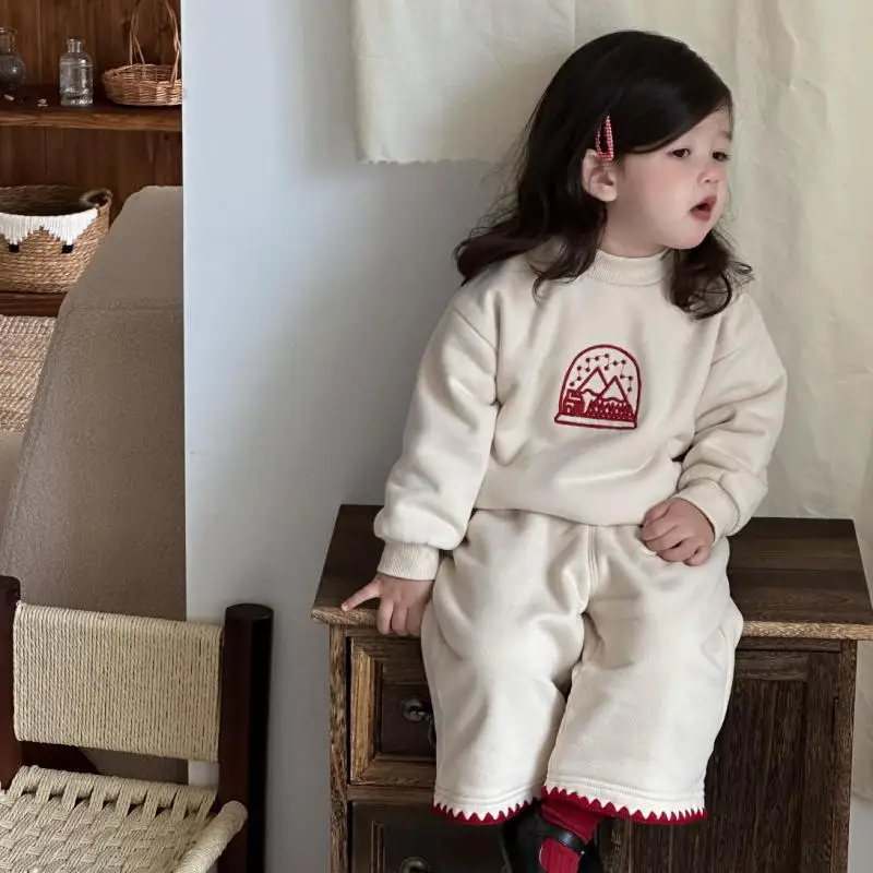 

Girls Fleece Sweatshirt + Casual Pants 2pcs Suit Cotton Toddler Warm Outfits 2025 Winter New Baby Plus Velvet Thick Clothes Set