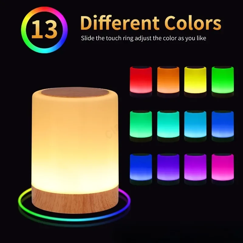 Creative Wood Grain Touch Remote Control Rainbow Bedside Lamp Study Restaurant Bar Atmosphere Desktop Decoration LED Night Light