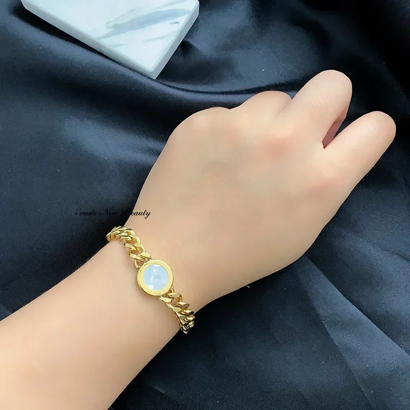 Stainless Steel Gold Color Bracelet Fashion Thick Link Chain Bangle Exquisite Simple Crystal Charm Jewelry Girl Gift Party