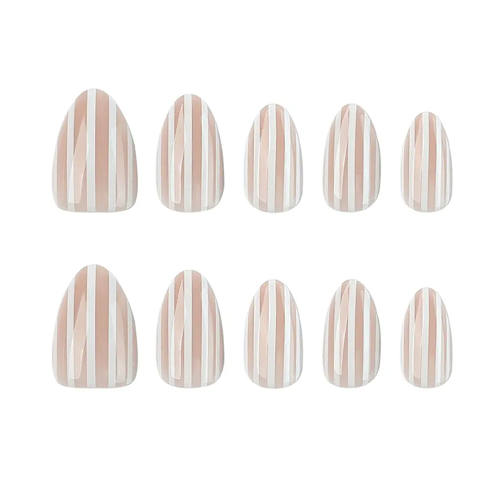 Uñas postizas elegantes para reuniones de negocios, estilo diario para mujer, almendra corta, resina, diseño de rayas, brillantes 6