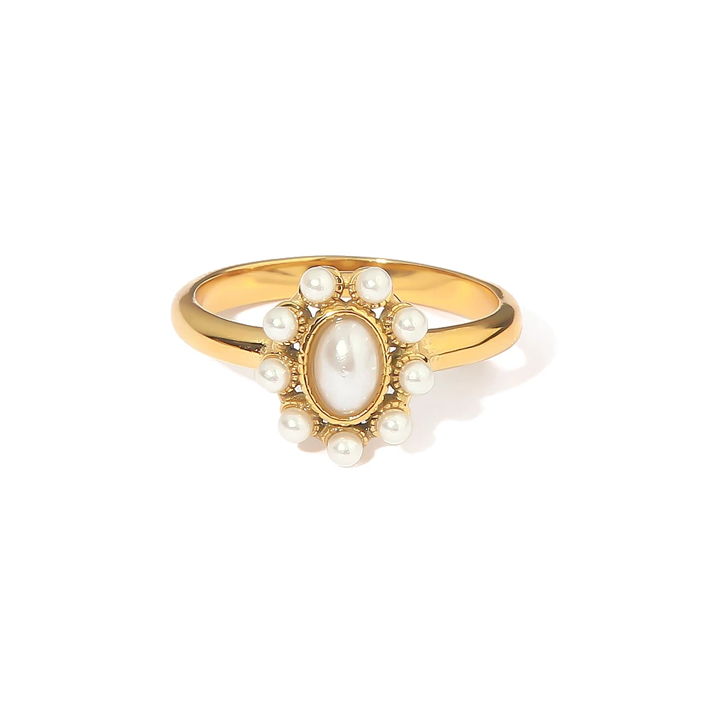 Uworld Sunflower White Pearl Inlaid Ring 18K Gold Plated Color Stainless Steel Waterproof Elegant Jewelry Valentine\'s Day Gift