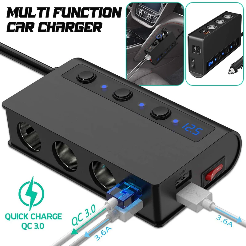 

New 4 USB 12V 3 Way Plug Car Cigarette Lighter Socket Splitter Charger Power Adapter Universal Car Accessories