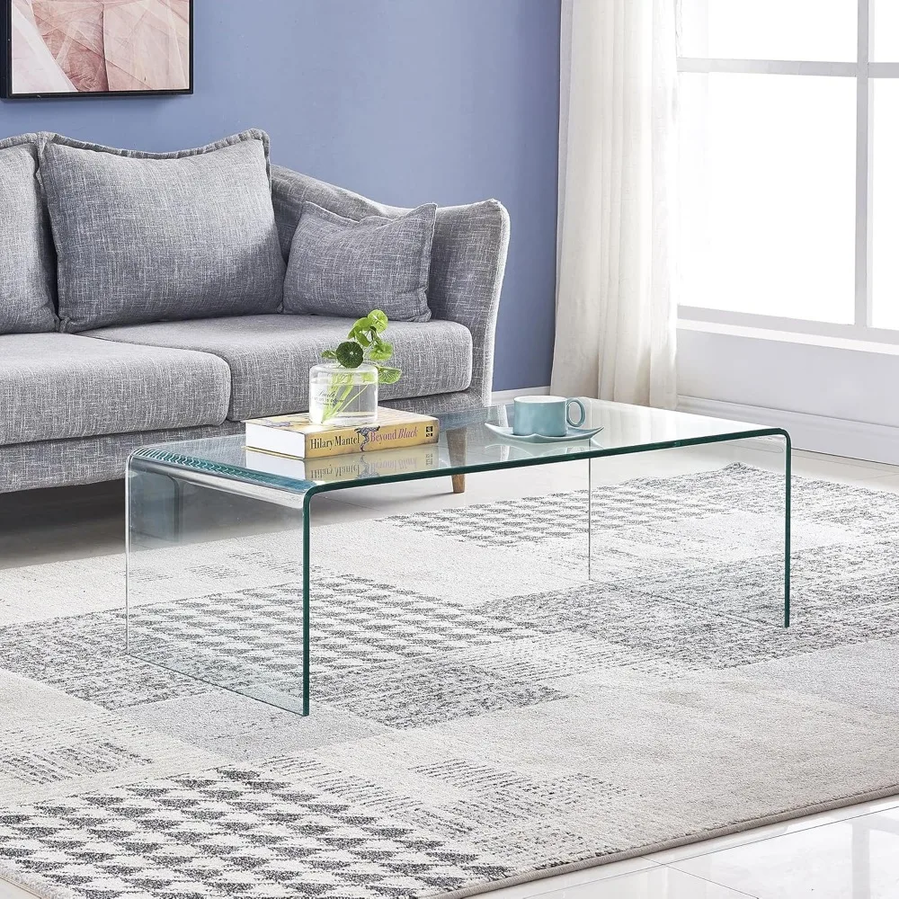 Glass coffee table, modern clear tempered glass coffee table for living room, easy to clean, safe with rounded edges