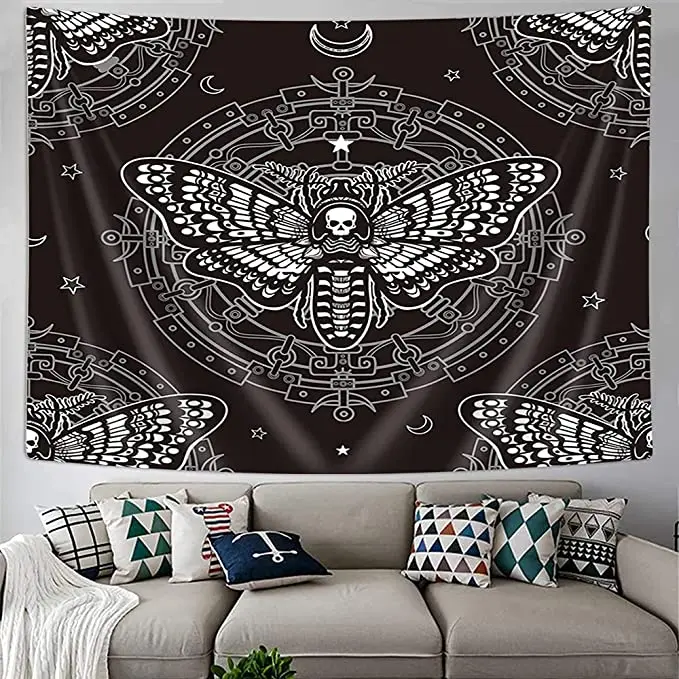 Witchcraft Butterfly Moth Tapestry Mystery  Skull Dead Head  Black and White Gothic Quarters Decorative