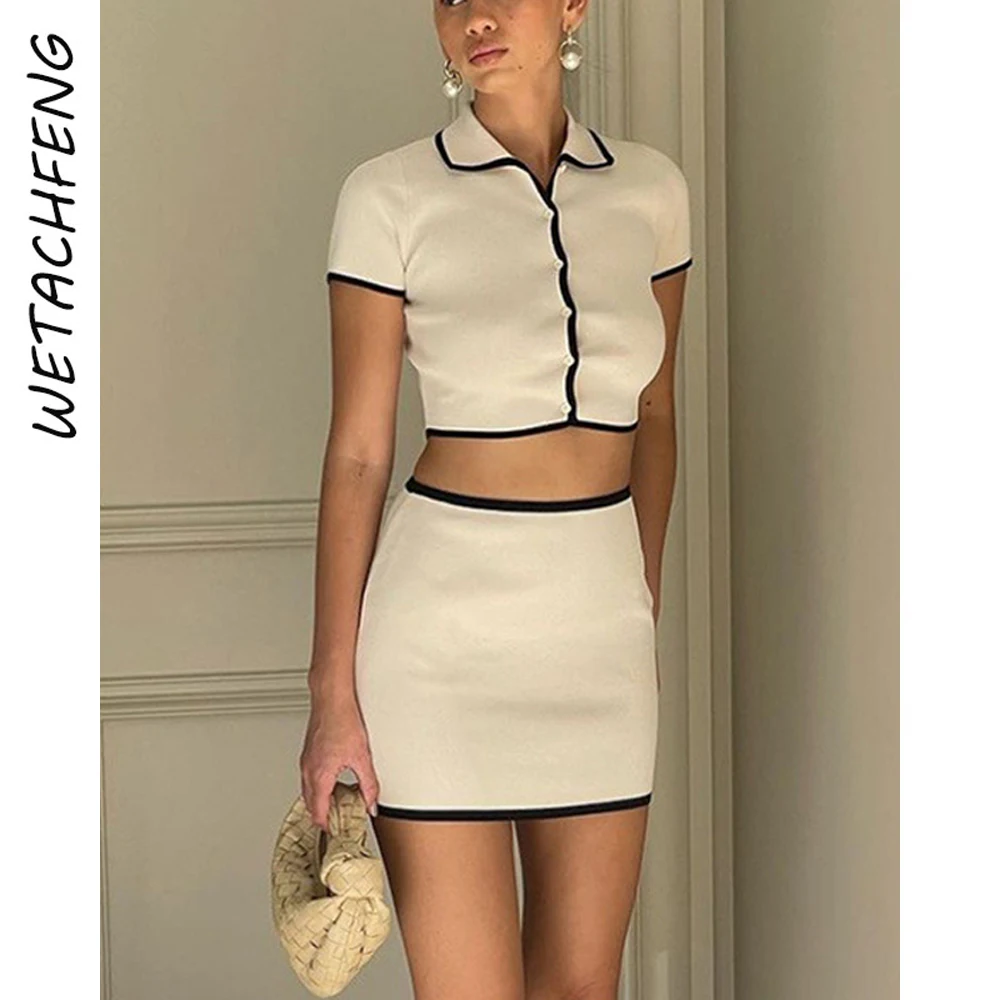 

Short Sleeve Cardigan Sexy Button Knitted Tops Matching Mini Skirts Two Piece Sets Women's Outfits Clothing Autumn Slim Suits