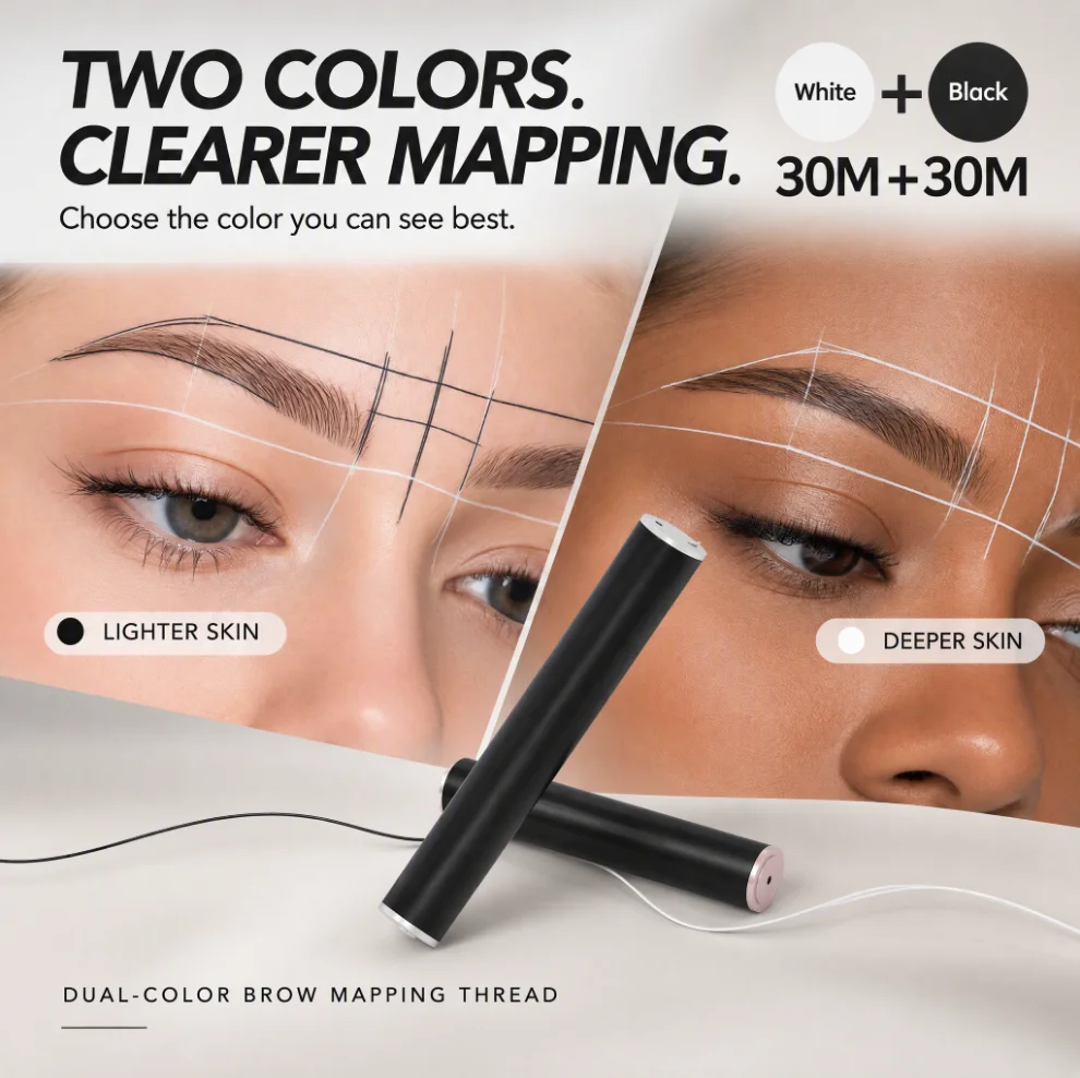 Pre Inked Brow Mapping String Black White 2 Spools 60M No Dipping Microblading Eyebrow Symmetry Line for PMU Artist