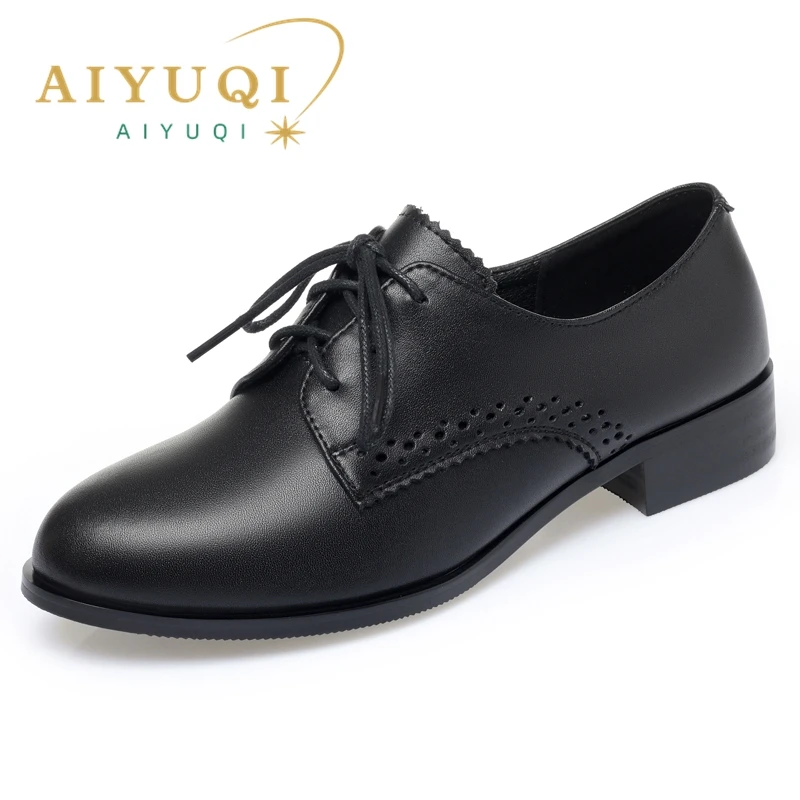 AIYUQI Women Autumn Shoes Genuine Leather 2024 New Mid Heel British Style Women Loafers Large Size 43 44 45 Lace-up Women Shoes