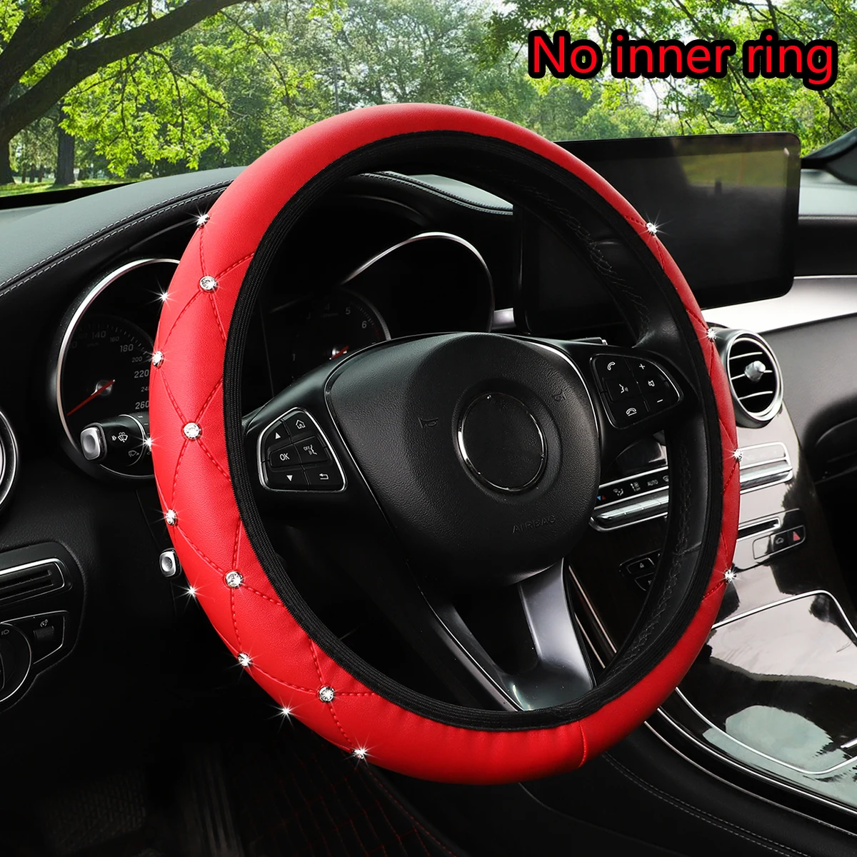 Diamond Embossed PU Leather Car Steering Wheel Cover Blingbling Rimless Interior Decoration for All Seasons