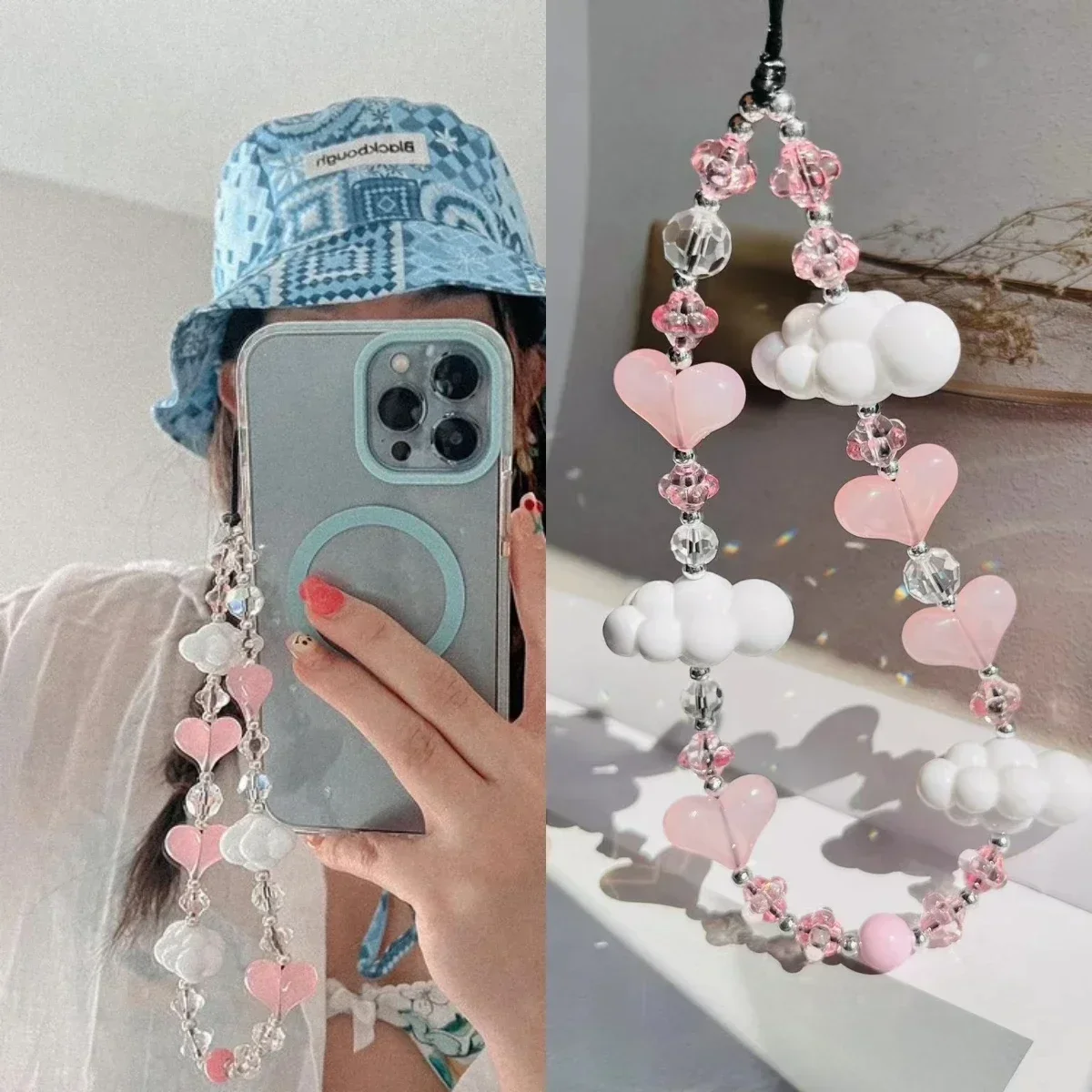 Pink Crystal Heart Phone Chains Girls Mobile Phone Charm Strap Sweet Cloud Pendant Phone Case Hanging Lanyard Accessories