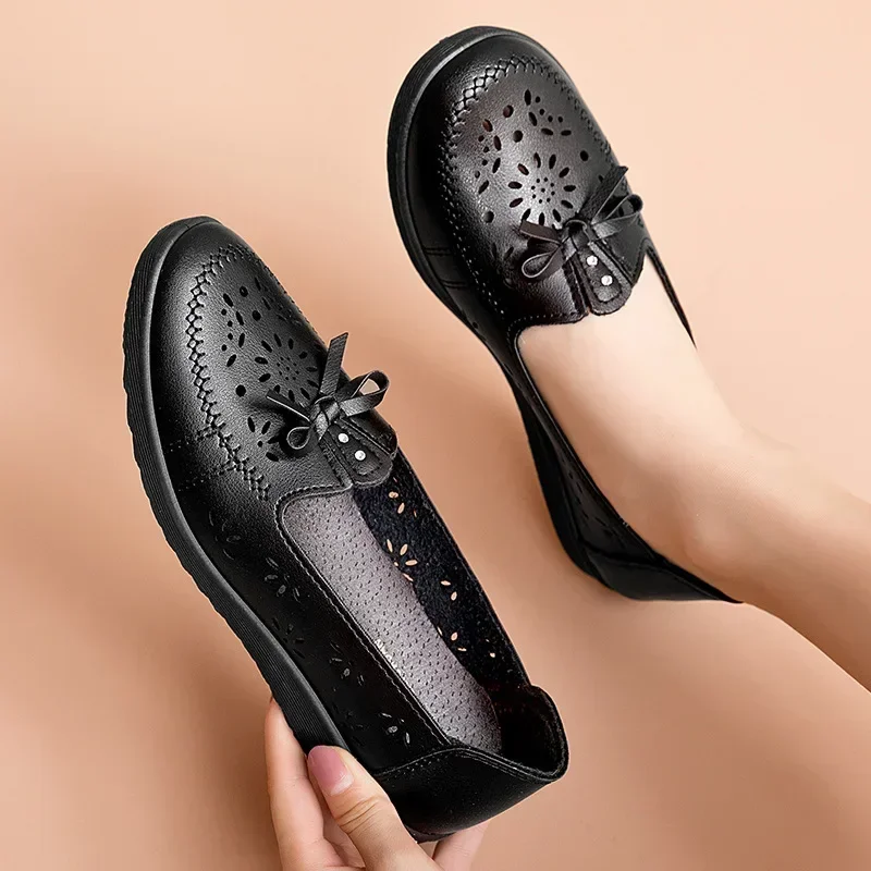 Women Flats Summer Women Genuine Leather Shoes With Low Heels Slip On Casual Flat Shoes Women Loafers Soft Nurse Ballerina Shoes