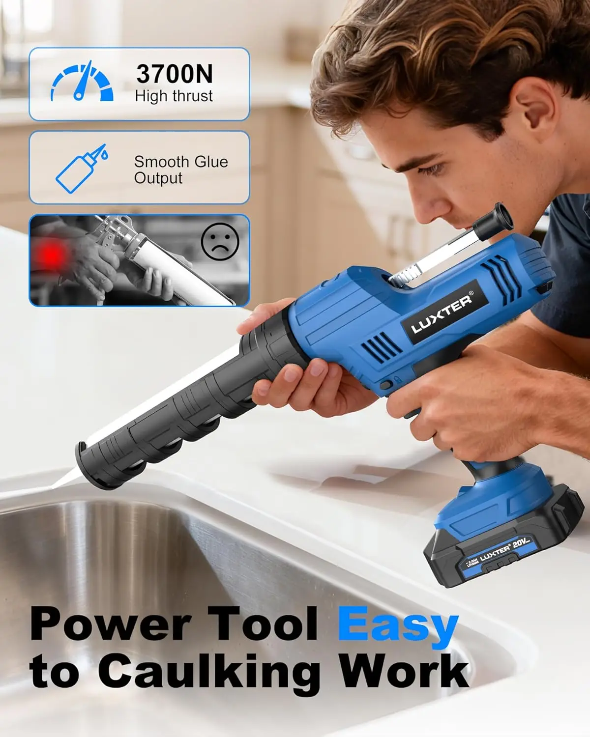 2-in-1 Cordless Caulking Sausage Gun, 20V Battery-Powered Caulk Gun with Two 2.0Ah Batteries, 10oz/310ml & 610ml Caulk Remover Tool, LED Light, Auto Retract for Filling, Sealing