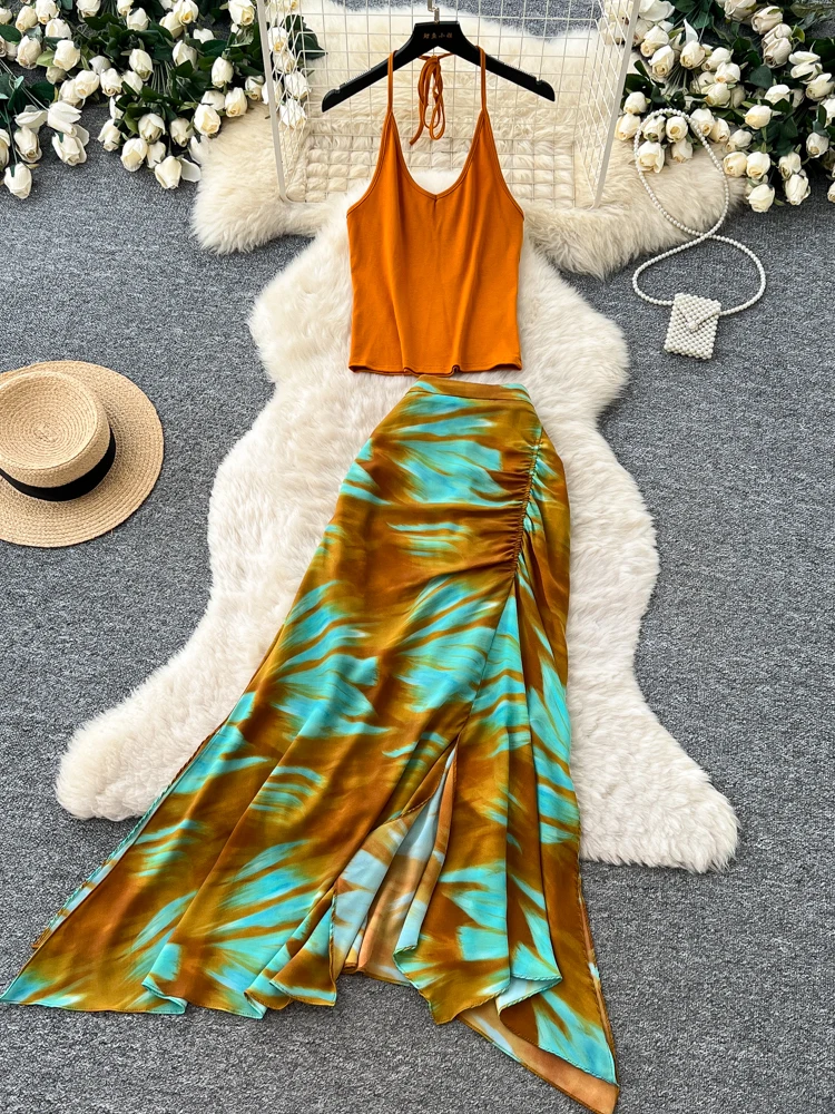 

Summer Vacation Style Halter Neck Vest Floral Print High Waist Skirt Two Piece Set Women's Fashion Island Casual Outfit