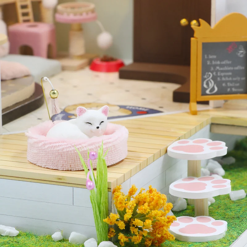 Cat Cafe Wooden Mini Doll House 3D Puzzle Assembly Building Model Kit DIY Miniature Small House Toys Home With Furniture Lights