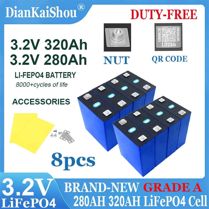 DianKaiShou 3.2V 320Ah 280Ah 8 Pcs Lifepo4 Rechargeable Battery Lithium Iron Phosphate Cell 24v Travel Solar Campers batteries