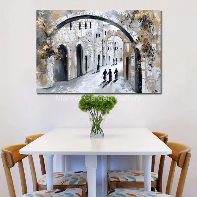 Jerusalem Art Handmade Canvas Oil Painting Old City Arches Abstract Jewish Artwork Landscape Contemporary Living Room Decor Gift