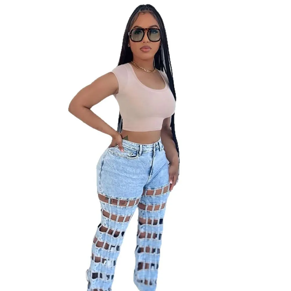 

2025 New Style Women's Ripped Holes Jeans Streetwear Fashion Hollow High Waist Straight Denim Pants Casual Jeans Summer