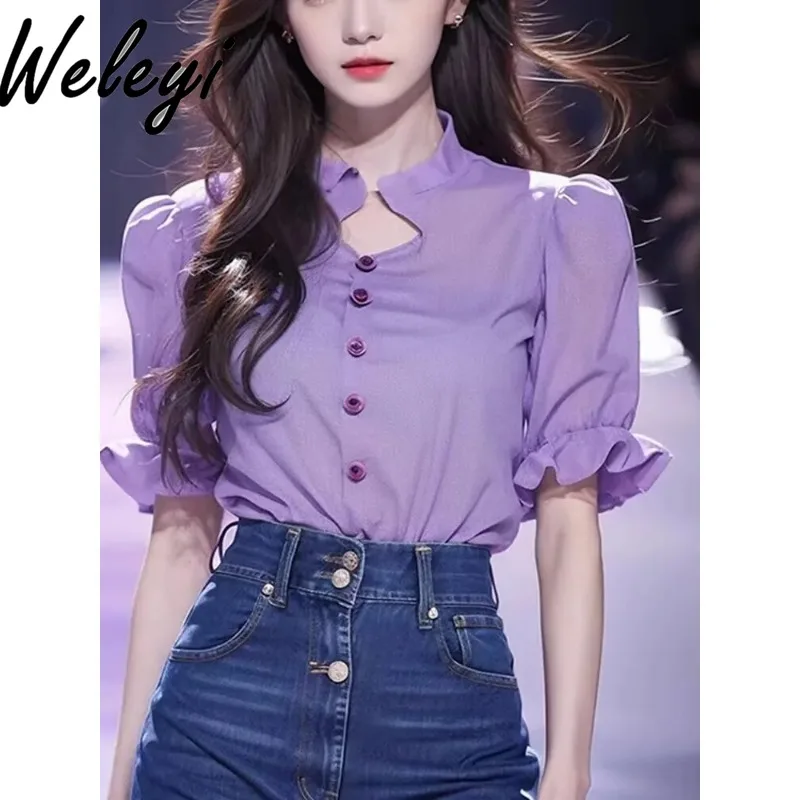 

Elegant Purple Porous Short-Sleeved Shirt 2024 New Women's Summer French Style Chic Shirts Graceful Puff Sleeve Slimming Tops