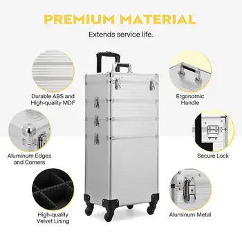 4v1 Make-up kufřík na kolečkách, organizér na kosmetiku, 3barevné LED osvětlené zrcátko 10 nejlepší prodej LED pouzdro na make-up - №5