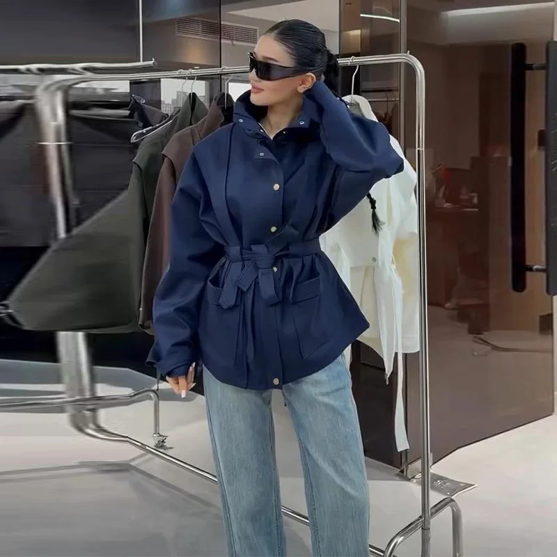 Damen-Windbreaker mit Revers und Schnürung, einreihiger Trenchcoat für Frühling und Herbst, langärmelige, schmale Jacke, neue Oberbekleidung – Detail 11