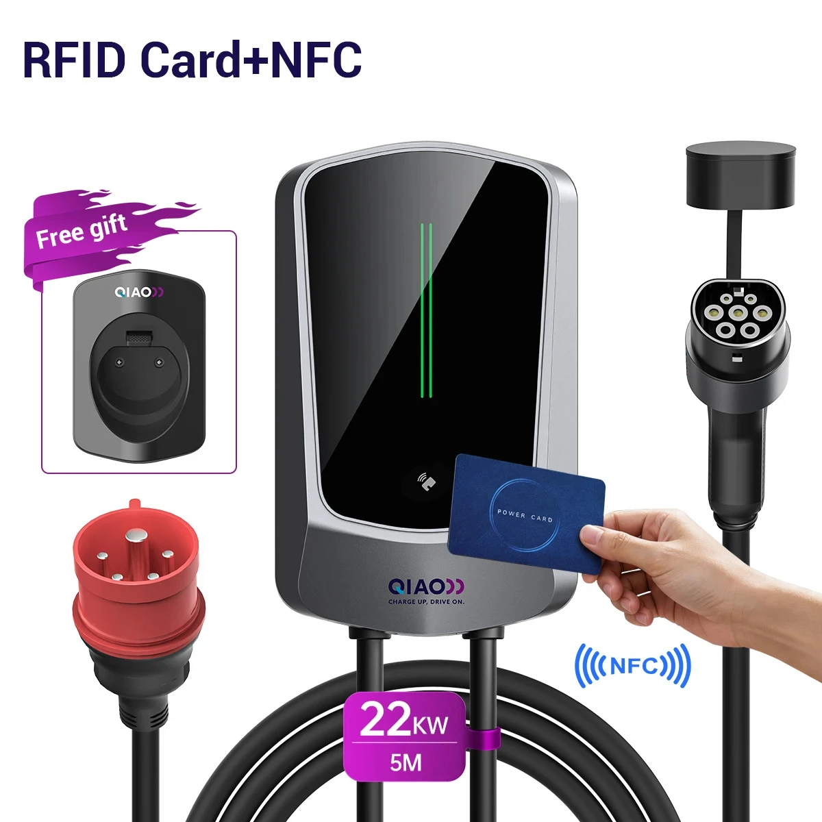 QIAO EV Charging Station Electric Vehicle Car Charger RFID Card Wallbox Type 2 7KW/11KW/22KW 16A/32A Blue/Red CEE Plug