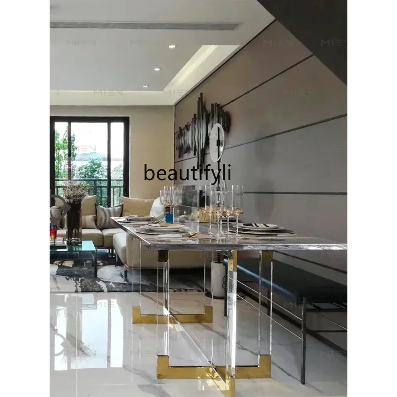 

yj32 Transparent Acrylic Dining Table Stainless Steel Electroplated Champagne Gold Base Imported High Permeability Organic Glass