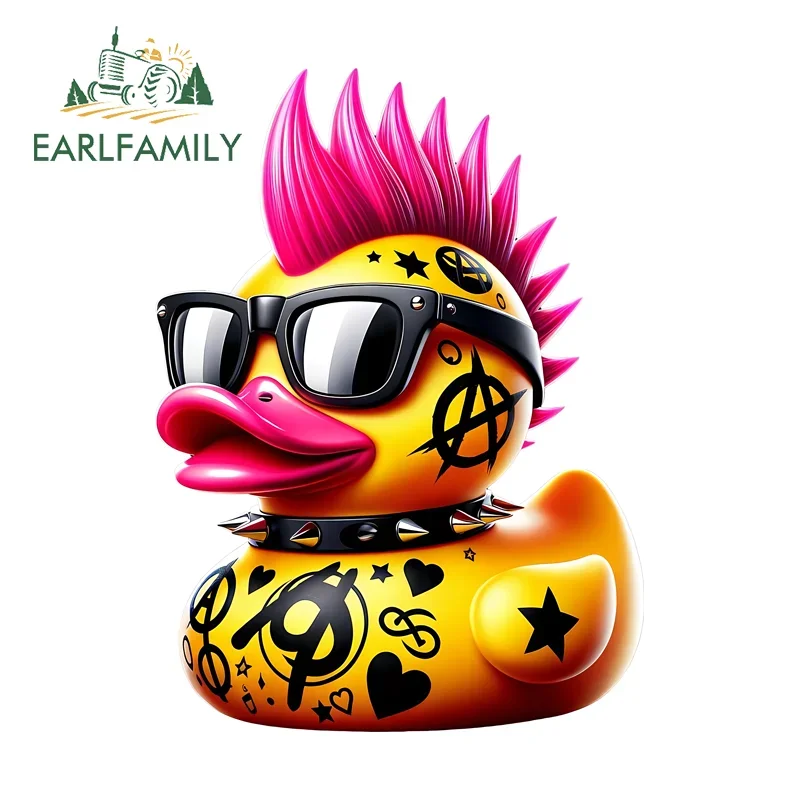EARLFAMILY Pink Hair Punk Yellow Duck Car Stickers Cartoon Amusing Surfboard Notebook Decals Scratch Proof Truck Accessories