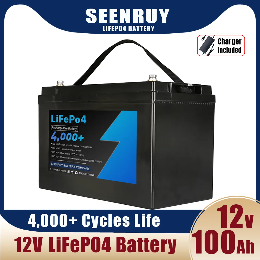 12V 100Ah LiFePO4 Battery Pack Batteries Bank Built-in BMS for RV Campers Solar Golf Carts forklift Marine with 10A Charger