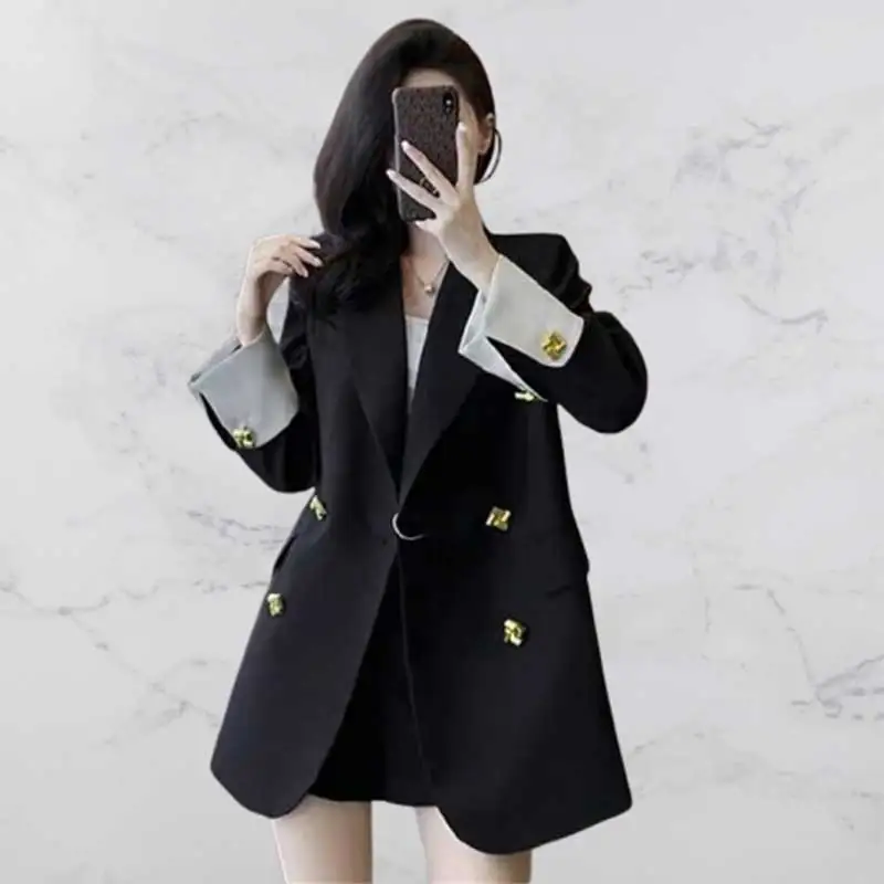 女性服春秋ファッションシンプルボタン無地テーラードカラー女性オールマッチ気質カーディガンコートトップ