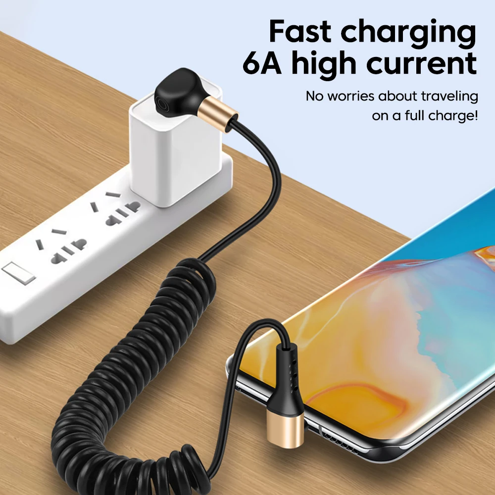 6A 90 Degree Elbow USB to Type C Spring Cable For iPhone 15 16 With Carplay 1M Retractable 66W USB C Fast Charging Data Cable
