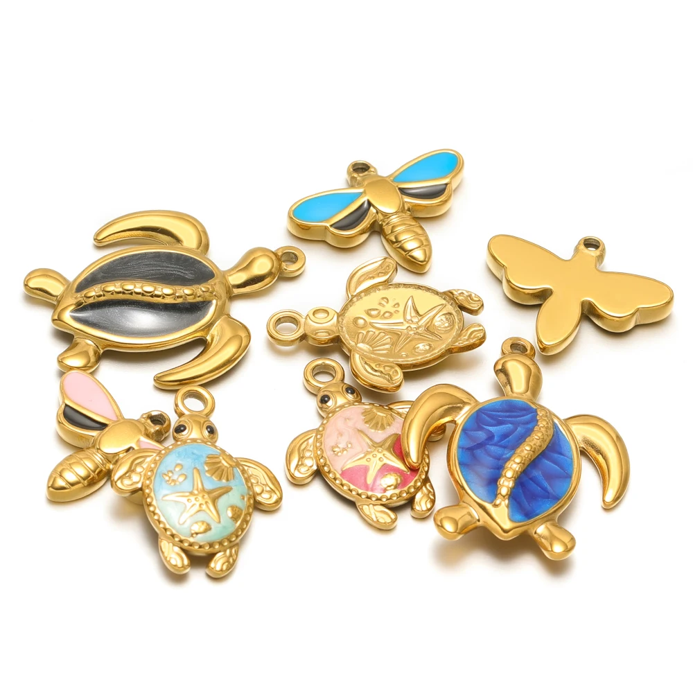 5pcs 스테인레스 스틸 에나멜 거북이 골드 참 절묘한 거북이 펜던트 DIY 쥬얼리 목걸이 결과 팔찌 귀걸이 만들기