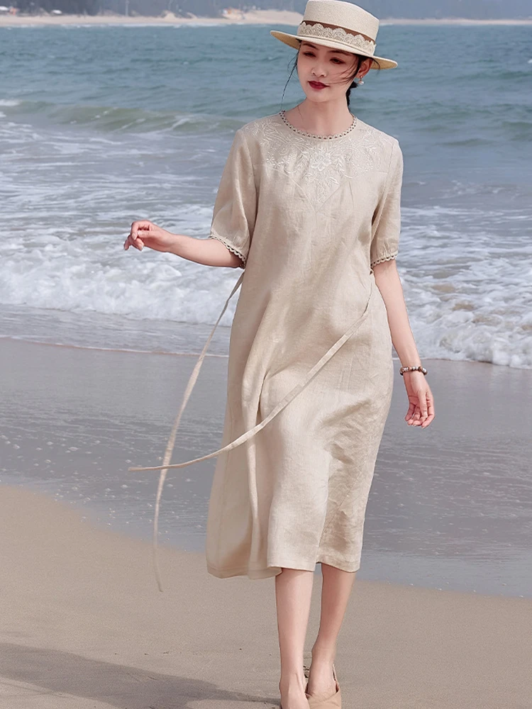 

100% Linen Women Casual Dress New Arrival 2026 Summer High Quality Floral Embroidery Ladies Elegant A-line Dresses M2439