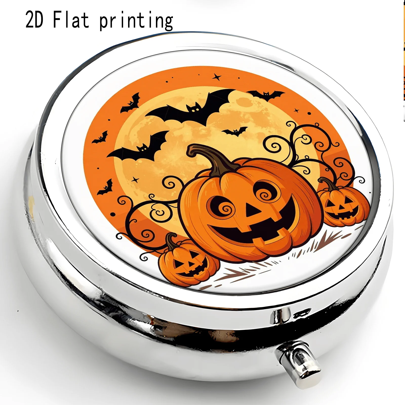 1Pc Flat Halloween Pumpkin Bat Full Moon Scroll Pattern Design, Round Three-Compartment Small Pill Box, Portable Medicine Storage, Small Jewelry Organizer, Suitable for Handbags or Travel, Holiday Gifts, Souvenirs, Prizes, Small Gifts, for Personal Use or as an Exquisite Gift