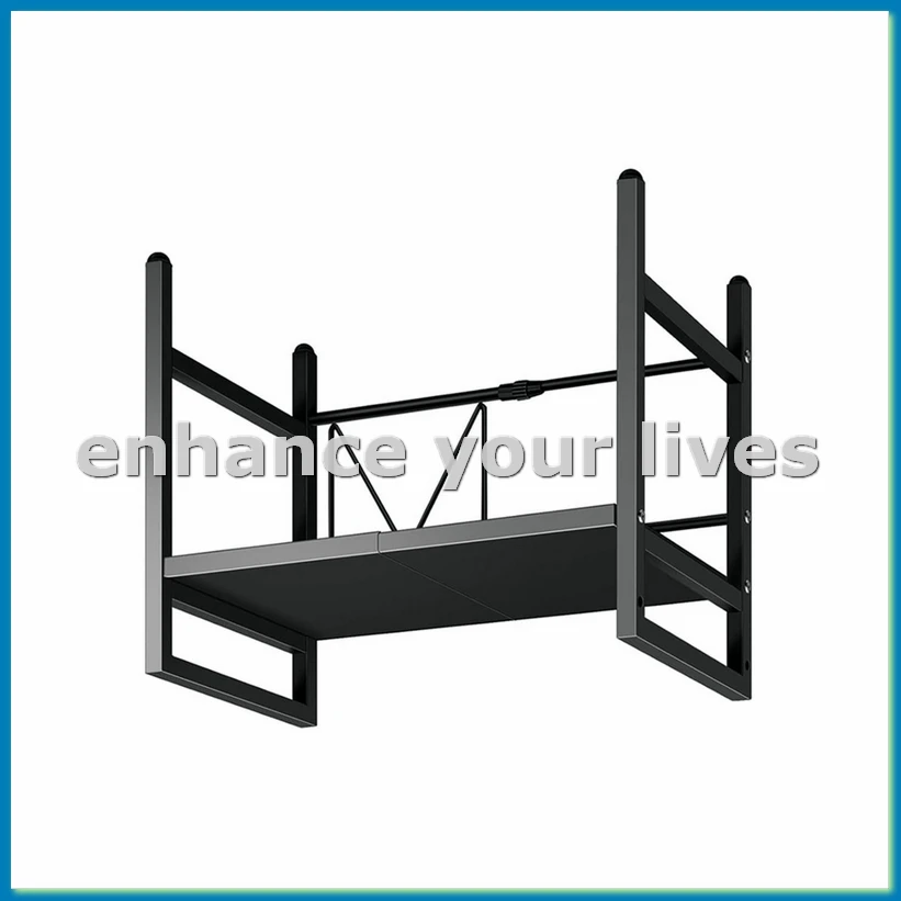 Extendable Microwave Oven Rack 2-Tier Microwave Stand with Storage Shelf Heavy Duty with 6 Hooks-AT48